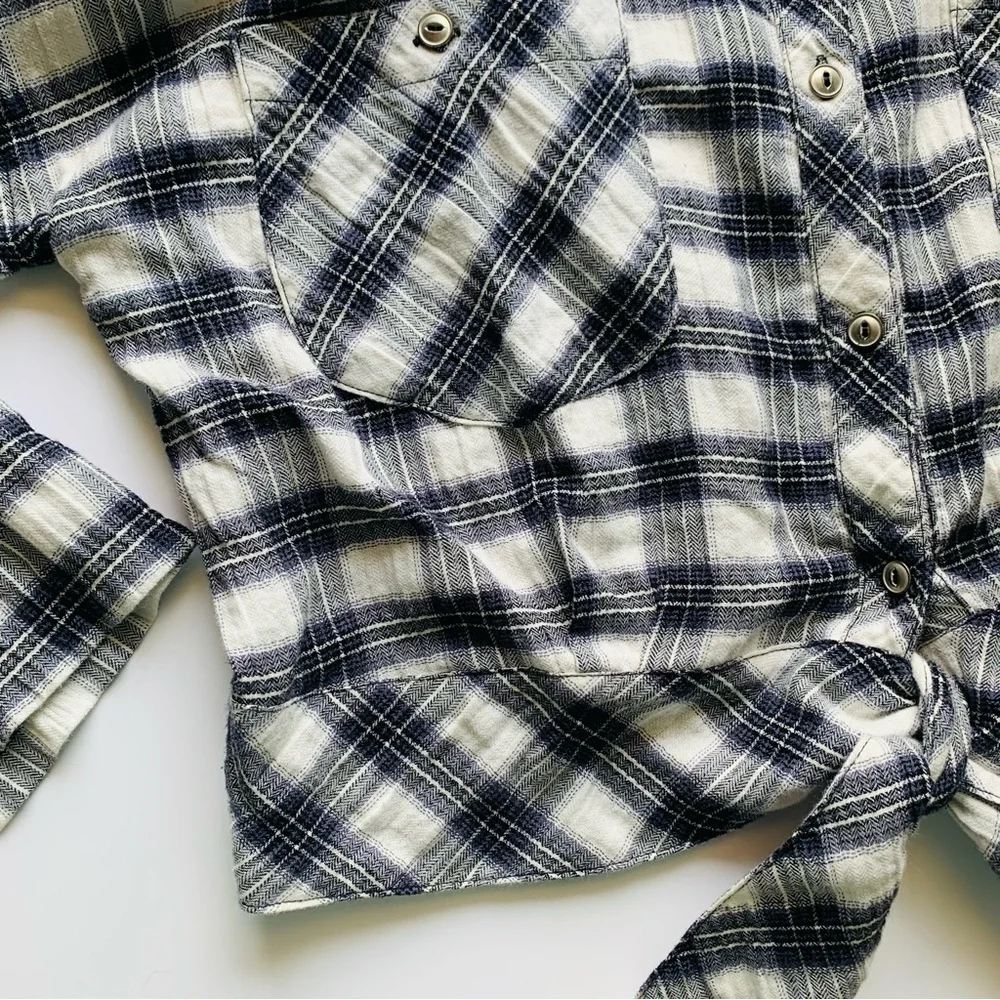 Free People First Bloom Tie Front Plaid Button-Down Top Small Blue Gray Gingham